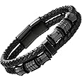 Mens Double-Row Black Braided Leather Bracelet Bangle Wristband with Black Stainless Steel Ornaments