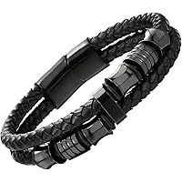 Mens Double-Row Black Braided Leather Bracelet Bangle Wristband with Black Stainless Steel Ornaments