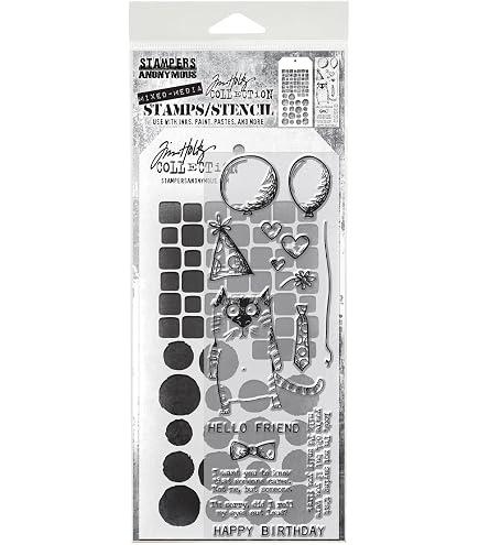 Tim Holtz Mixed Media Stamp & Stencil Set - Bubbles, Plaid, Gingham Flowers Design, THMM124