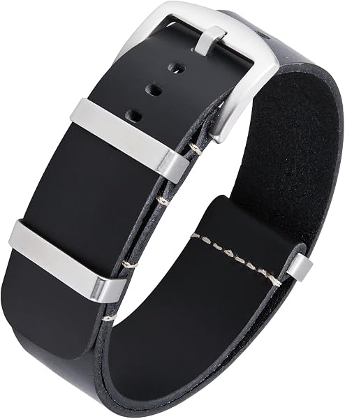 BINLUN Crazy Horse Oil Leather Watch Strap, 18 mm / 19 mm / 20 mm / 21 mm / 22 mm / 24 mm, Replacement Single Piece, Unisex, 12 Colors, Silver/Black Buckle - 1