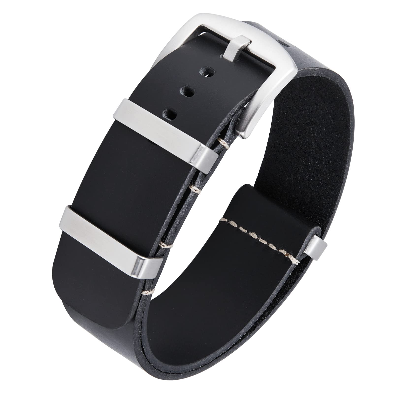 BINLUN Crazy Horse Oil Leather Watch Strap, 18 mm / 19 mm / 20 mm / 21 mm / 22 mm / 24 mm, Replacement Single Piece, Unisex, 12 Colors, Silver/Black Buckle - 1