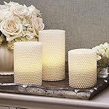 Set of 3 Warm White LED Textured Wax Pearl Flameless Pillar Candles with 8 Function Remote, Batterie