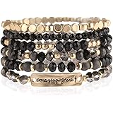 Inspirational Multi Layer Bead Stacking Strand Stretch Statement Bracelets - Religious Message Sparkly Crystal, Boho Wood Sli