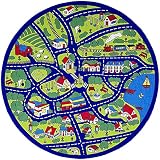 Championラグ子供のブルー再生村City道路マップTrain Tracks Cars Play Mat Fun 8 Ft X 8 Ft Round