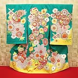 【毬に花紋・金駒刺繍・緑】 女児　初着　祝着 のしめ 産着 女の子のお宮参り着物 高級 フードセットプレゼント付