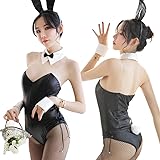 [LIKENNY] バニーガール コスプレ セクシーうさぎ バニー コスチューム レオタード (ブラック) かわいい 可愛い プレゼント 衣装 服 女性用 レディース 仮装 レザー フェイクレザー 大胆 うさぎ耳 尻尾付き 5点セット (黒うさぎ)