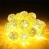 20LED　レッドラタンボール　ストリングライト　クリスマス　ウェディングパーティー飾りライト　バッテリー式　LEDイルミネーションライトランプ　黄色い