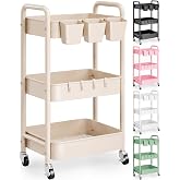 3 Tier Beige Rolling Storage Cart Metal on Wheels, Cream Three Tiered Diaper Caddy with Wheels,Utility Organizer Trolley for