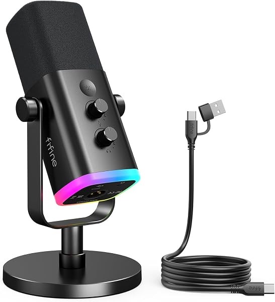 FIFINE XLR/USB接続 ダイナミックマイク ゲーミング 配信用 単一指向性 ノイズ低減 プラグ&プレイ PC パソコン PS4 PS5対応 ライブ配信 ゲーム実況 録音用 マイク 音量調節 ミュート機能 RGBライト ヘッドホン端子 USBケーブル付き(Type-Cアタブターあり) XLR機材対応 黒 AmpliGame AM8 - 1