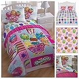 Shopkins Complete Kids Bedding Set w/ Reversible Comforter, Sheets, Pillow Case & Plush Bed Blanket 