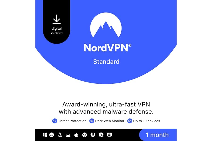 NordVPN Standard - 1 Month - 10 Devices - VPN & Cybersecurity Software [Digital Download]