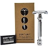 parker バタフライ式 剃刀 (替刃 5枚セット付) 深剃りで剃り残しナシ (滑りにくい/重量感) 真鍮製 カミソリ シェービング 髭剃り T字 両刃カミソリ 男性 メンズ パーカー