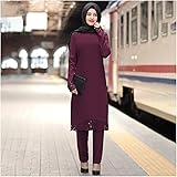 DSJTCH ツーピースセットトップスとパンツの女性トルコのイスラムアバヤスプリットアバヤドレスラマダンモロッコカフタンイスラム服ドレスセット (Color : Wine red, Size : Large)