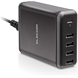 エレコム USB コンセント 充電器 合計60W ( USB PD対応 ) Type-C×1 / USB-A×4 【 iPhone 15/14/13/SE3 / Android / タブレット 対応 】 ブラック EC-ACD02BK