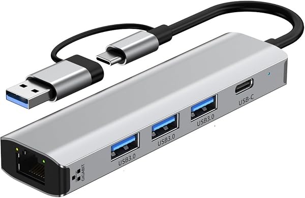 USB C 有線LANアダプター 5-in-1 1000Mbps LAN ハブ (Type C+USB 3.0*3拡張) ギガビットイーサネット 5Gbps 高速データ転送 C-A変換コネクタ付き Surface/XPS/Mac OS/Windows/Linux などに対応 - 1