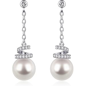 D.Perllaパールドロップイヤリング,8mmスパイラルパールスターリングシルバーイヤリングーイヤリング–バレンタイン…