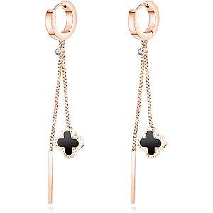 Rockyu ジュエリー ブランド クローバーピアス レディース 人気 揺れる リングピアス チェーン ピンクゴールド 18金 ステンレス 四つ葉 (リング-クローバー)