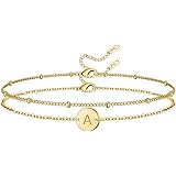 Glimmerst Initial Bracelet for Women, 18K Gold Plated Stainless Steel Layered Coin Letter Bracelet Beaded Chain Personalized 
