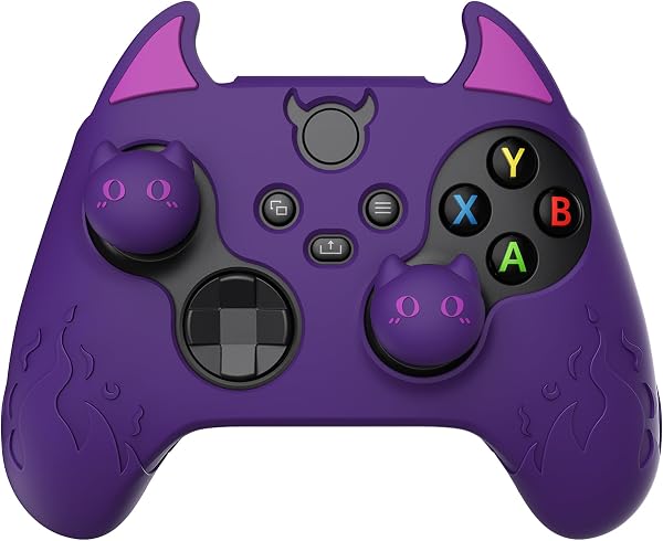 PlayVital 可愛い悪魔のスタイルシリコンカバーサムスティックキャップカバー付き、for xbox Series X、for xbox Series S、for xbox Core【パープル】 - 1