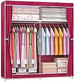 SUOERNUO ワードローブ　カーテン式カバー付き　幅130*奥行46*高168cm　2列4段　高耐荷重　組立簡単　大容量衣類収納　ハンガーラック (ワイン)