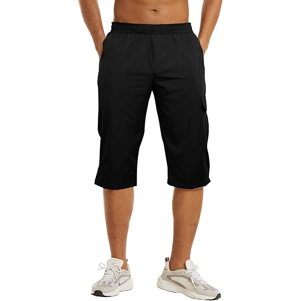 FUKZTE Men's Cotton Linen Shorts - Below Knee Capri Length, Loose Fit, Elastic Drawstring Waist - Black
