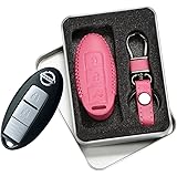 NISSAN 日産 高級 レザー スマートキー ケース キー カバー スタイリッシュ 汚れ 滑り 傷 防止 (ピンク)