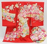 四季百花 熨斗 鈴 赤地 お宮参り 着物 女の子(初着 産着 のしめ)【絹100% 友禅 】
