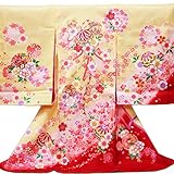 【お宮参り着物】【やや黄色がかったクリーム地系 毬にリボンと花柄】女の子 正絹 友禅 金駒刺繍【風呂敷プレゼント/ギフト対応】