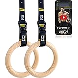 Double Circle Wood Gymnastic Rings with Quick Adjust Numbered Straps and Exercise Videos Guide for Full Body Workout, Crossfi