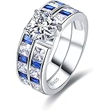 Merthus 925 スターリングシルバー 人工ブルーサファイア ハート ブライダル 結婚指輪 レディース ガールズセット