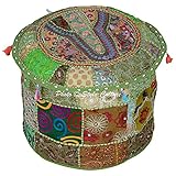 Stylo文化コットンPouffeスツールパッチワーク刺繍オットマンスツールPoufカバーグリーン花柄ヴィンテージ座席カバーIndian Tradtional家具