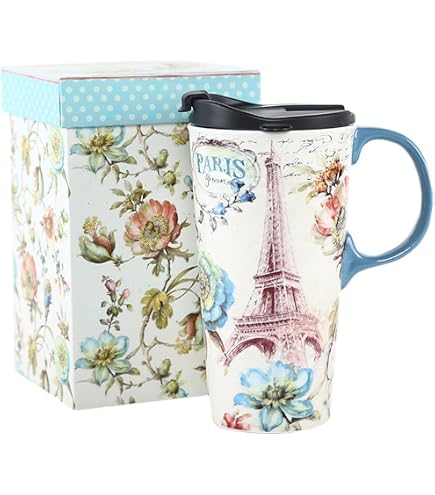 CEDAR HOME Eiffel Tower Ceramic Travel Mug With Lid - 17oz, 2-Pack, Gift Box, Microwave Safe - View #9