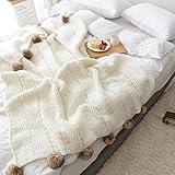 ポンポン付きニットThrow Blanket Corrugated Iceland Blanket ホワイト