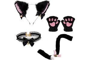 [GOODCHI] 猫耳 カチューシャ 首輪 肉球手袋 しっぽ 可愛い 鈴付き 蝶結び 仮装小物 ハロウィン コスプレ 4点セット
