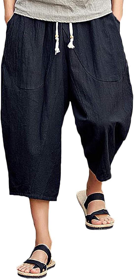 Rexcyril Men's Baggy Linen Capri Pants 