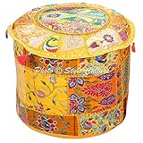 Stylo文化ボヘミアンラウンドPouf OttomanカバーIndianパッチワーク刺繍Pouffe Ottomanカバーイエローコットンフローラル従来家具Footstool Seatパフカバー( 
