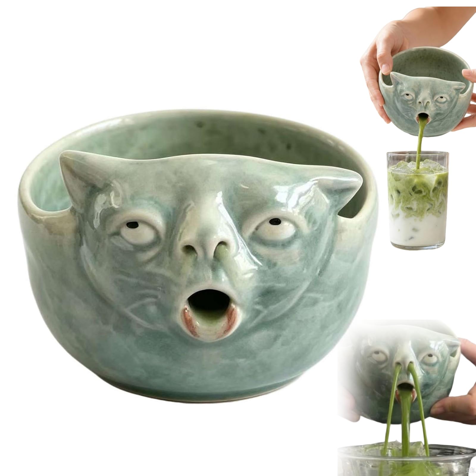 吐く猫の抹茶茶碗 陶器製茶碗 | 3D おもしろい猫の顔、3つの注ぎ口、釉薬をかけた粘土細工、コンパクト350ml、茶道、抹茶好きへのギフト