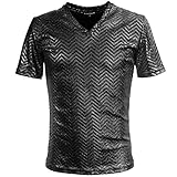 (ブラックバリア) BLACK VARIA Tシャツ 幾何学柄 シルバーラメ メンズ Vネック 光沢 日本製 細身 ジグザグボーダー 半袖Tシャツ シルバー銀ブラック黒 173325 M