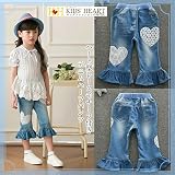 タキバビ ハート型レースモチーフ付き デニムハーフパンツ キッズ 女の子 男の子 ハーフデニムパンツ ジーンズ ジーパン フリル デニム 春夏秋 100cm-7 ブルー
