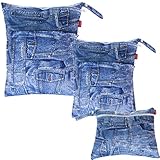 Damero ウェットバック(防水バッグ) 3点セット 可愛い オムツ・おしりふき・着替え・タオル・水着・お風呂用品・食事セット入れ マルチ収納 お出かけ 温泉 スポーツ 大活躍（デニム）