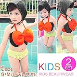 【OSYAREVO】 子供水着 キャップ付ビキニ水着 キッズ ベビー かわいい 女の子 リボンビキニ リボン ワンピース オレンジ 蛍光 90cm 100cm 110cm 2点セット ゆうパケット同梱