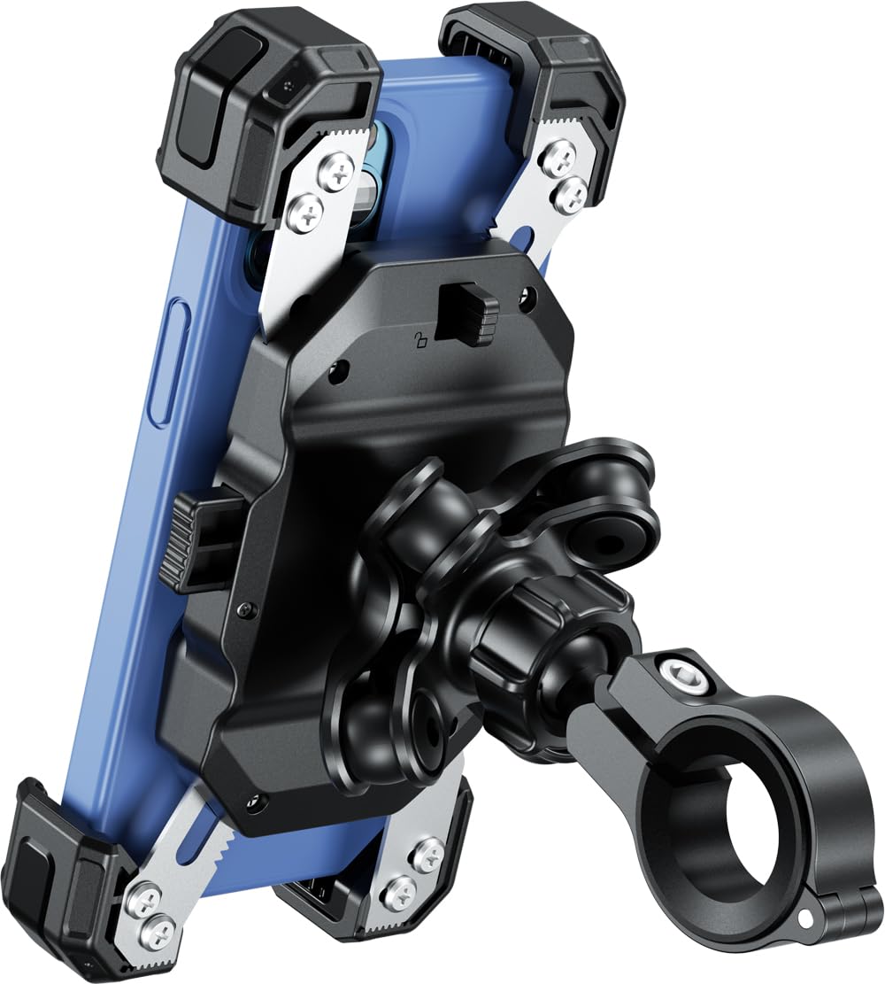 Kaedear(カエディア) バイク スマホホルダー 振動吸収 スマホ厚さ15mmまで バイク用スマホホルダー ハンドル KDR-M11CPJ-BK | 高い脱着操作性 縦長スマホ対応 カメラ突き出し対応 スマホリング非対応 メタルアーム ロック機構