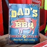 アンティークエンボスプレート「Dad's BBQ」（RECTサイン）　／ブリキ製看板／ティンサイン／アメリカン雑貨／