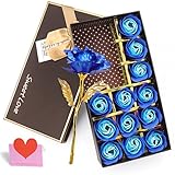 YOBANSA 金箔のバラ 造花 石鹸 花 フレグランス ソープ フラワー プレゼント 枯れない 花 母の日 誕生日 結婚祝い 結婚記念日 大切な人への感謝 メッセージカード付き (2色の青)