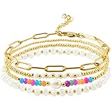 Dainty Gold Pearl Crystal Beaded Bracelets Set for Women 14K Real Gold Plated Bead Pearl Crystal Beads Bracelet Stake Papercl