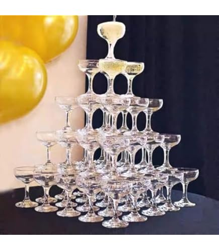 シャンパン　タワー　7段用 シャンパングラス144個 Amazon｜シャンパンタワー7段セット グラス144個 トレー付｜シャンパン