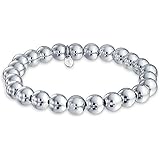 Simple Plain Round Stackable .925 Sterling Silver Bead Ball Strand Stretch Bracelet For Women 6 8 10 MM 7.5 8 8.5 9 Inch
