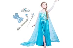 [CREDIBLE] プリンセス ドレス 子供 コスプレ 衣装 豪華６点セット ・アイスブルー (プリンセスドレス, リボン付きグローブ, 三つ編みウィッグ, ハートのティアラ, 魔法のステッキ, オリジナルグッズ) 110cm ST331D