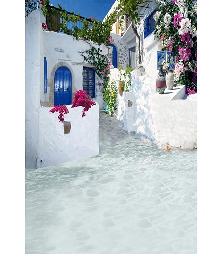 Loccor 5x3ft Fabric Greece Backdrop Santorini Island Traditional Architecture Flowers Aegean Sea Window Scenery Background Momma Mia Theme Birthday Party Decorations Wedding Photo Booth Props
