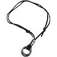 Brown Leather and Alloy O-Shape Double Ring Pendant Adjustable Necklace Men Women Unisex Choker Necklace Gifts